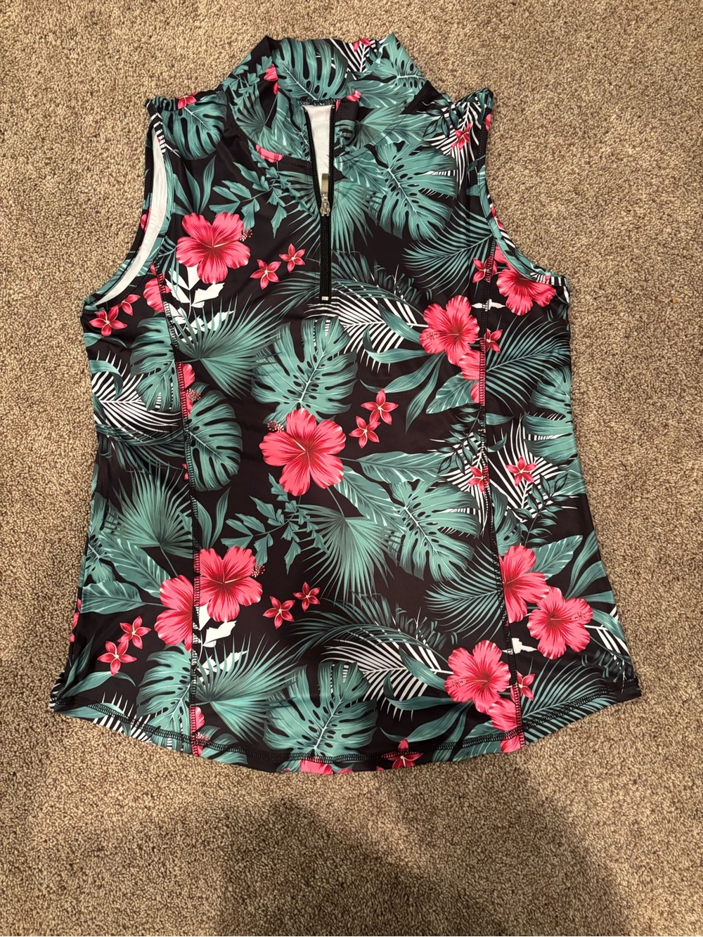 Sleeveless Tropical Floral Zip-Front Tank Top - Black with Pink Floral